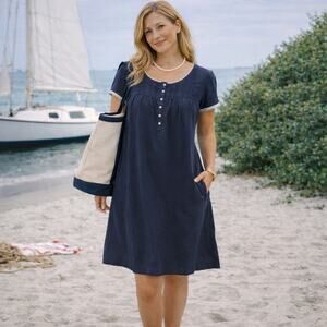 Navy Blue Cotton Dress White Lace Trim Women's Size L Nautical Aria Collection